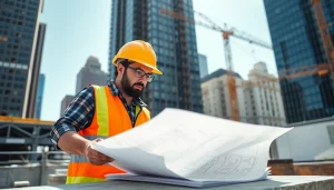 New York City Construction Manager analyzing plans at a construction site