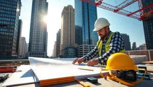 Manhattan General Contractor collaborating on construction plans amidst an urban backdrop.