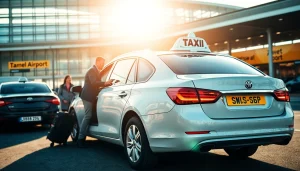 Book a taxi Nottingham to Heathrow Airport showcasing a modern vehicle near the airport entrance.