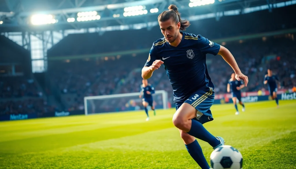Action shot of Gareth Bale dribbling the ball on the field, showcasing athleticism at https://diknews.co.uk/gareth-bale/.