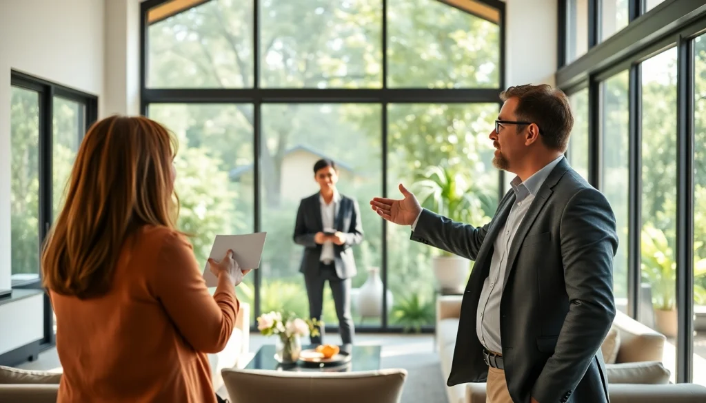 Showcasing real estate agent engaging with clients in a modern home, highlighting inviting features.