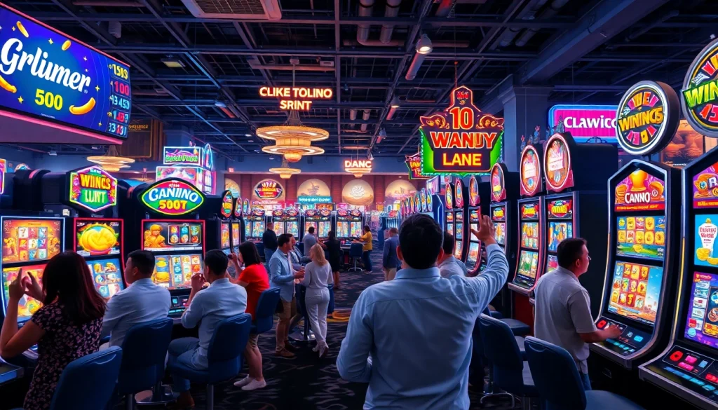 Slot mesin berwarna-warni dengan pengunjung yang merayakan kemenangan di kasino.