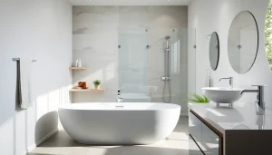 Sonni sanitär präsentiert elegante Badmöbel und Duschlösungen in einem modernen Badezimmer.