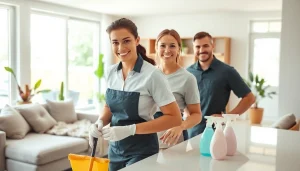 Cleaning Service team making a home shine with eco-friendly products in a bright setting.