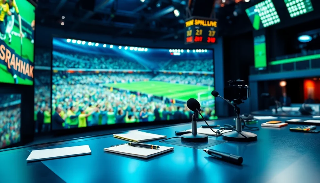 스포츠중계 내용이 실시간으로 전달되는 고화질 방송 스튜디오의 모습입니다.
