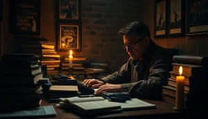 Thriller author immersed in writing within a cozy, moody atmosphere with vintage elements.
