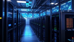 Crypto mining operation with ASIC miners and digital data screens.