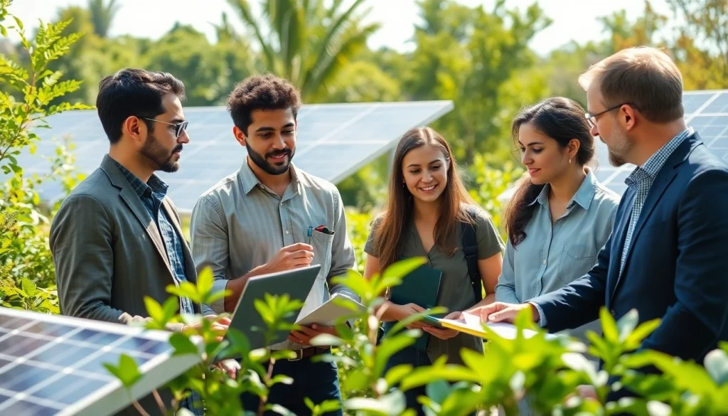 Engaged professionals addressing sustainability initiatives at https://www.unsustainablemagazine.com in a natural setting.