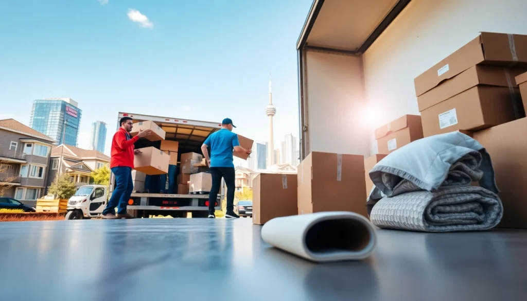 Efficient crew from a Toronto moving company loading items into a truck while showcasing the city skyline.