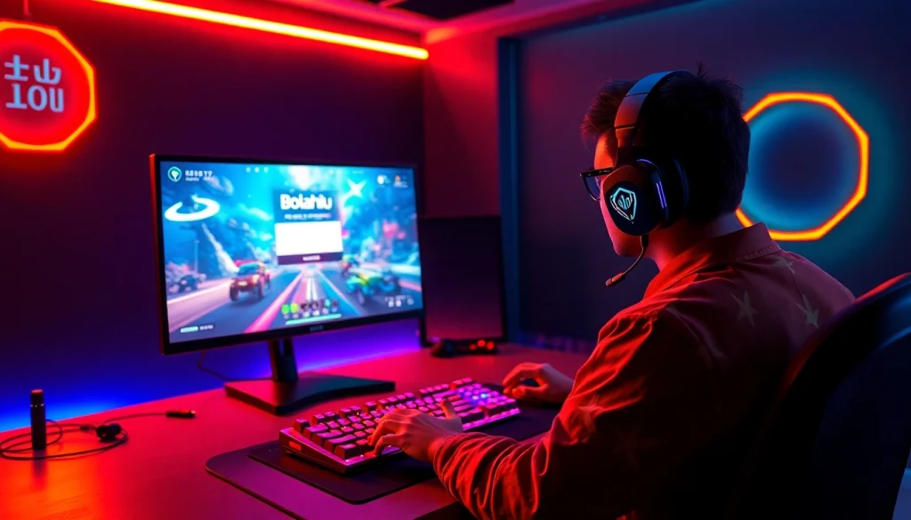 Akses bolahiu login game dengan setup gaming modern yang penuh warna.