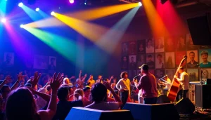 Kora live music event showcasing an energetic band and enthusiastic audience dancing.