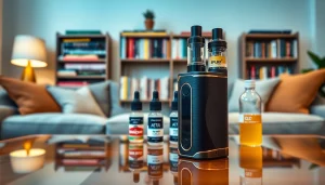 Genießen Sie vape ohne nikotin mit stilvollen E-Liquids auf einem eleganten Tisch.