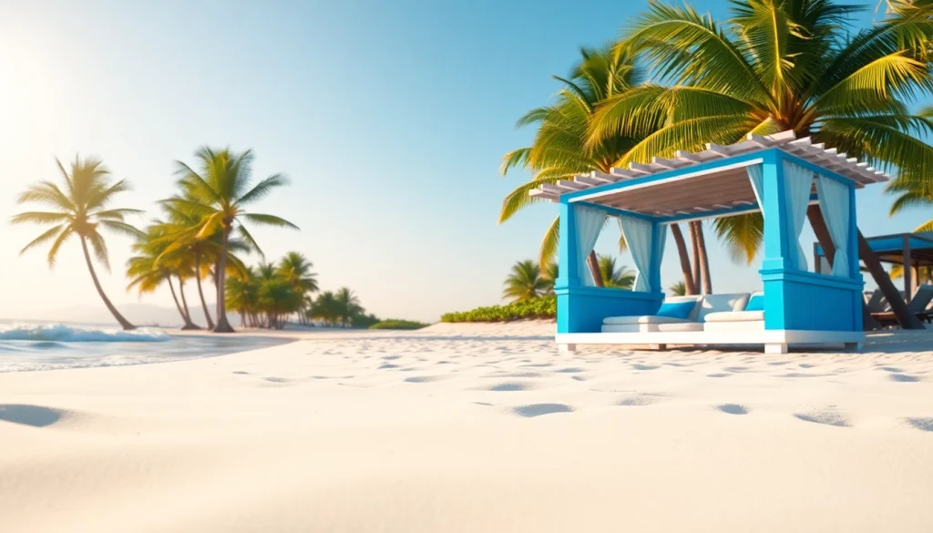 Coastal cabana offers vibrant ambiance on a sunny beach with palm trees and gentle waves.