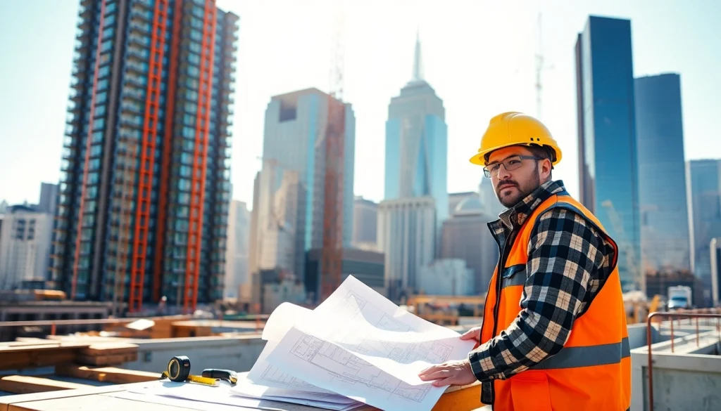 Expert New York General Contractor overseeing a busy construction project with blueprints and tools.