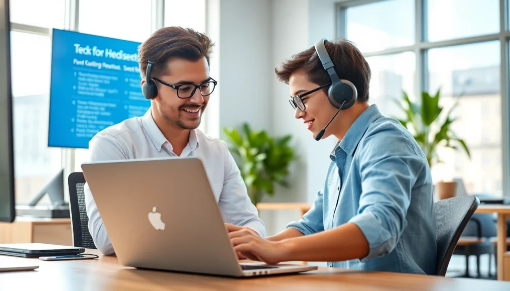 Offering expert computer help to a client in a modern office space, showcasing collaboration and technology.