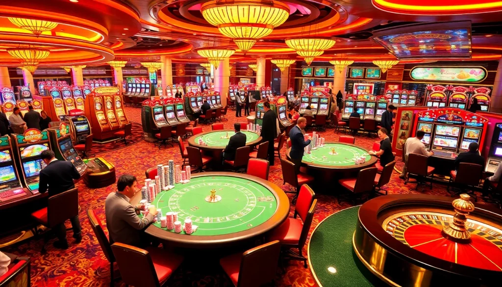 Experience the vibrant gambling world of KJC AC 1 with players enjoying casino tables and slot machines.