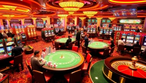 Experience the vibrant gambling world of KJC AC 1 with players enjoying casino tables and slot machines.