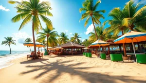 Vista panorâmica da praia de Paripueira, Alagoas, com areias douradas e palmeiras.