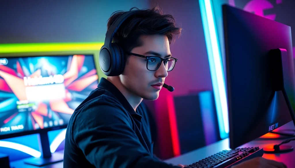 Masuk ke dalam permainan hakim4d login game dengan gamer fokus yang berkonsentrasi di depan layar komputer.