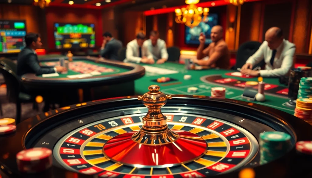 Experience 79king's vibrant casino scene with roulette wheels, excited players, and colorful chips, showcasing the thrill of gambling.