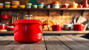 Showcase vibrant Le Creuset NZ cookware in a professional kitchen setting with warm lighting.
