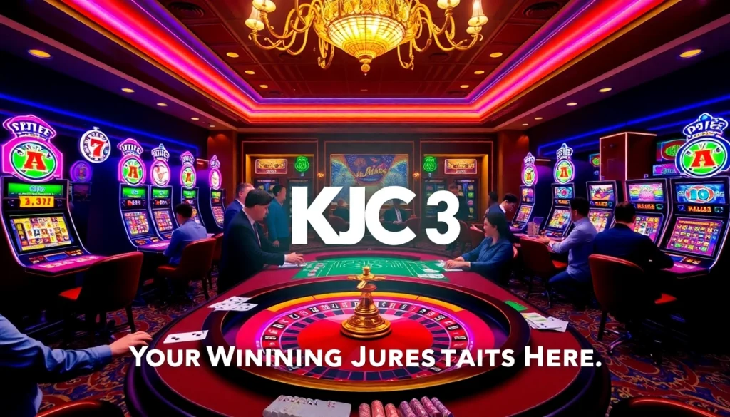 Exciting casino atmosphere with roulette, poker chips, and 'KJC AC 3' branding.