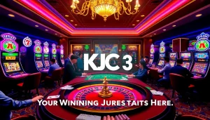 Exciting casino atmosphere with roulette, poker chips, and 'KJC AC 3' branding.