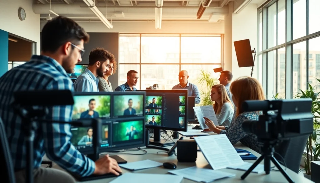 Engaging corporate video production workspace showcasing a collaborative team with advanced editing tools.