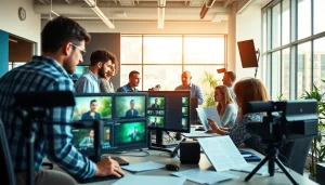 Engaging corporate video production workspace showcasing a collaborative team with advanced editing tools.