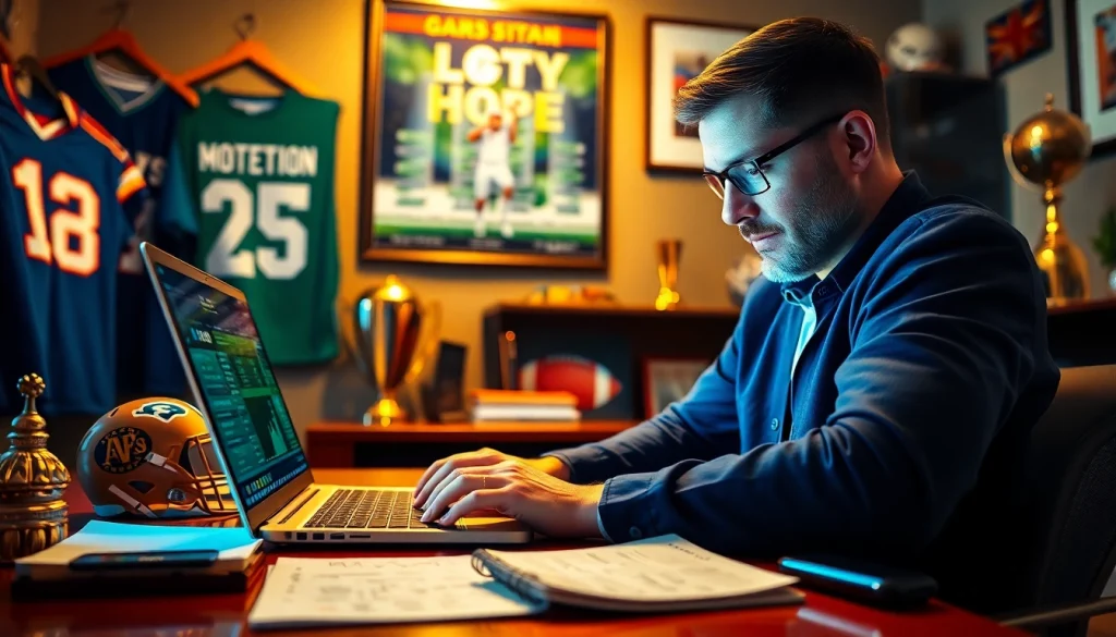 Engaged bettor using laptop to explore best sports betting sites in India with sports memorabilia.