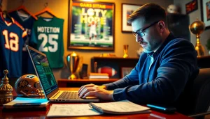 Engaged bettor using laptop to explore best sports betting sites in India with sports memorabilia.