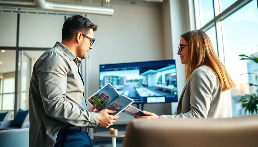 Engaging discussion on new condo developments at https://newdeveloperlaunch.sg in a bright, modern office.