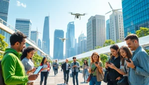 Engaging scene showcasing Technology integration in urban life with people using devices and renewable energy.