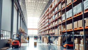 Showcase of warehousing operations with workers efficiently managing goods