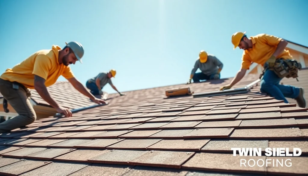 Skilled workers from Twin Shield Roofing installing durable roofing materials on a sunny day.