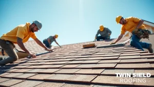 Skilled workers from Twin Shield Roofing installing durable roofing materials on a sunny day.