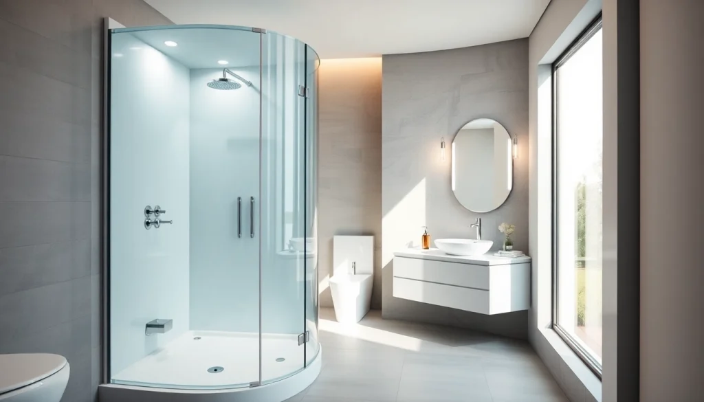 Sirhona cabine de douche lumineuse dans une salle de bain moderne.