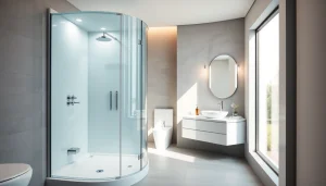 Sirhona cabine de douche lumineuse dans une salle de bain moderne.