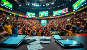 Engaging scene of sports betting Brazil showcasing enthusiastic fans and digital screens.