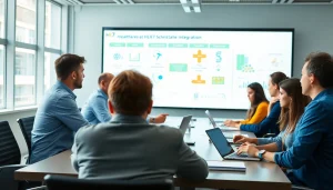 Fachdiskussion über HL7 Schnittstelle mit modernen Technologien in einem Konferenzraum