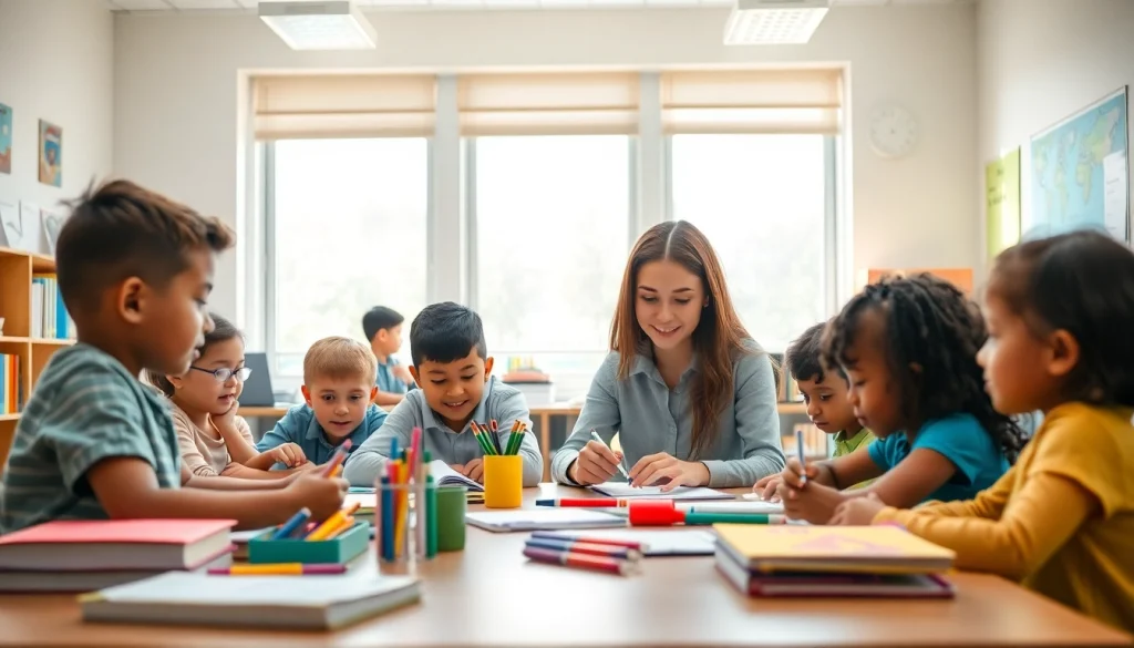Engaging classroom with eager students collaborating on educational projects.