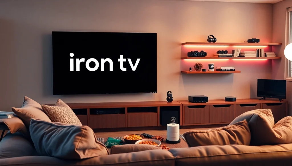 Watch the vibrant "iron tv pro" logo on a modern TV in a cozy living room.