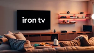 Watch the vibrant "iron tv pro" logo on a modern TV in a cozy living room.