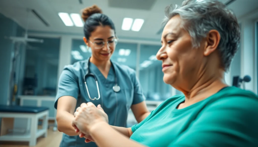 Health in Motion Rehabilitation session with a therapist guiding a patient in recovery.