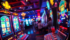 Putar slot mesin yang penuh warna dengan suasana kasino hidup di latar belakang.