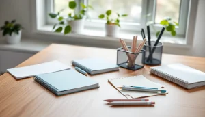 Showcasing premium office stationery uk displays on a wooden desk to inspire productivity and organization.
