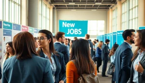 Engaged job seekers exploring new hire jobs at a vibrant career fair, showcasing opportunity and diversity.