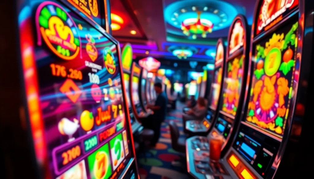 Mainkan slot dengan mesin yang berkilau dan ramai di kasino.