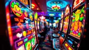 Mainkan slot dengan mesin yang berkilau dan ramai di kasino.