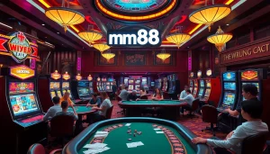 mm88 logo illuminated in a vibrant casino full of excited players, roulette wheels, and poker tables.